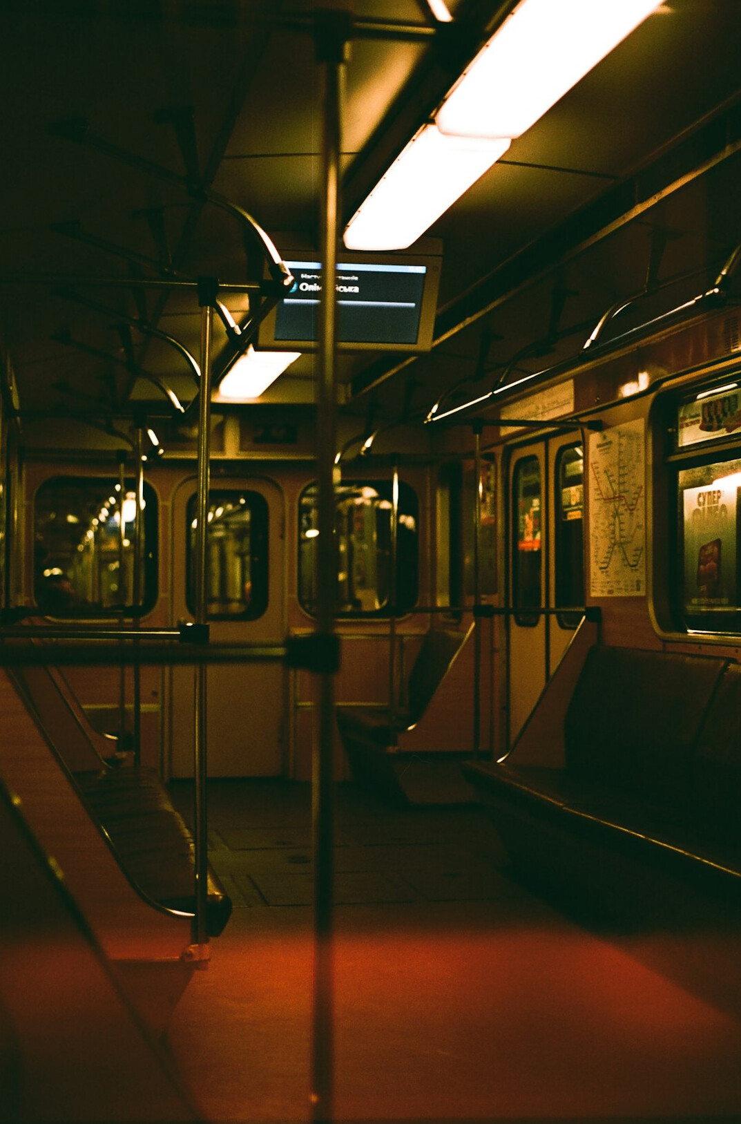 subway train interior at night